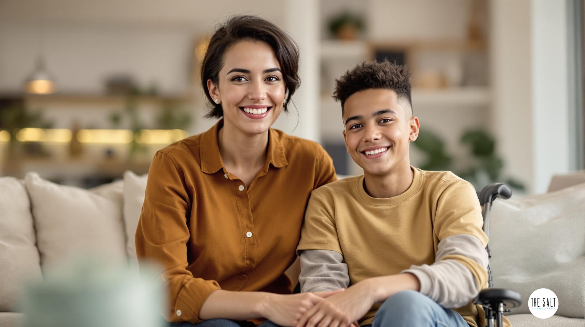 A smiling NDIS support worker in casual professional attire sitting next to a young person with disability in a bright, modern living room in Melbourne, Australia, warm lighting, photography style
