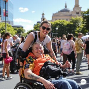 NDIS Support worker accompanying participant in wheelchair at Federation Square in Melbourne, enjoying an outdoor festival, diverse crowd, sunny day, genuine smiles