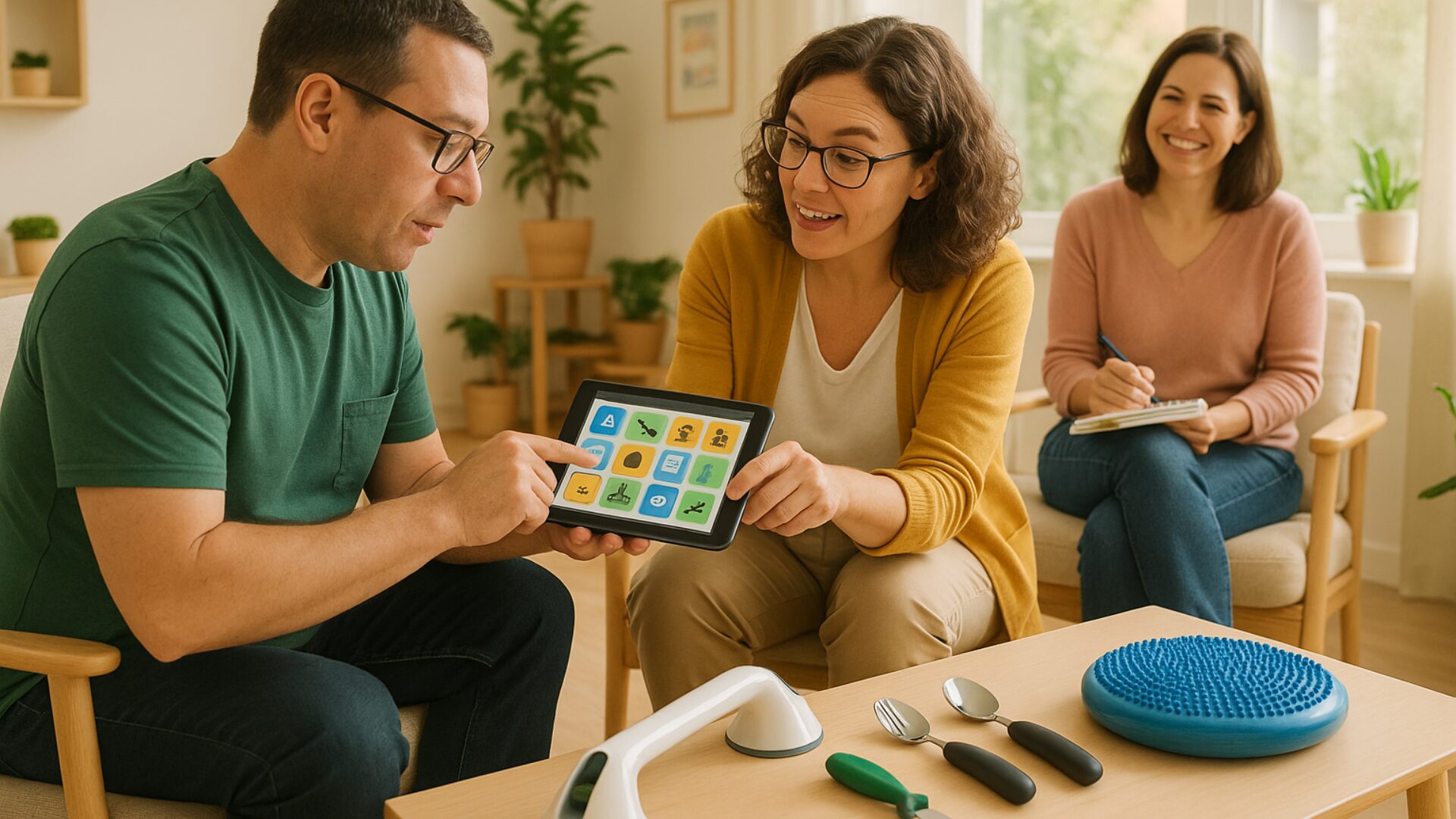 A bright, welcoming therapy room bathed in natural light. In the foreground, an adult participant practices using a tablet-based communication app with guidance from an occupational therapist.