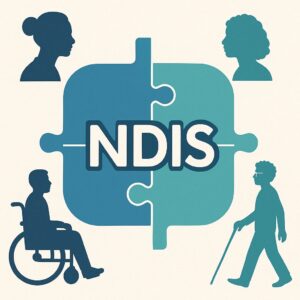 the word "NDIS" in a jigsaw with support workers and people with disability around, showing NDIS meaning