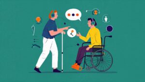 A person interacting with assistive technology or mobility aids (e.g. white cane, hearing aids, noise-cancelling headphones) to convey how the NDIS supports people with sensory disabilities