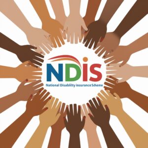 NDIS logo with supportive hands surrounding it to show support for people with disabilities