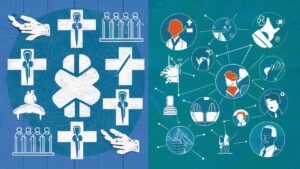 Split image: left side showing medical symbols, right side showing social interaction symbols