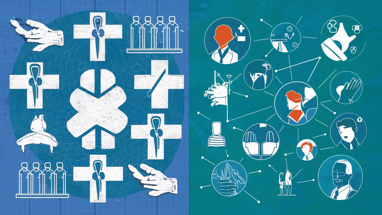 Split image: left side showing medical symbols, right side showing social interaction symbols
