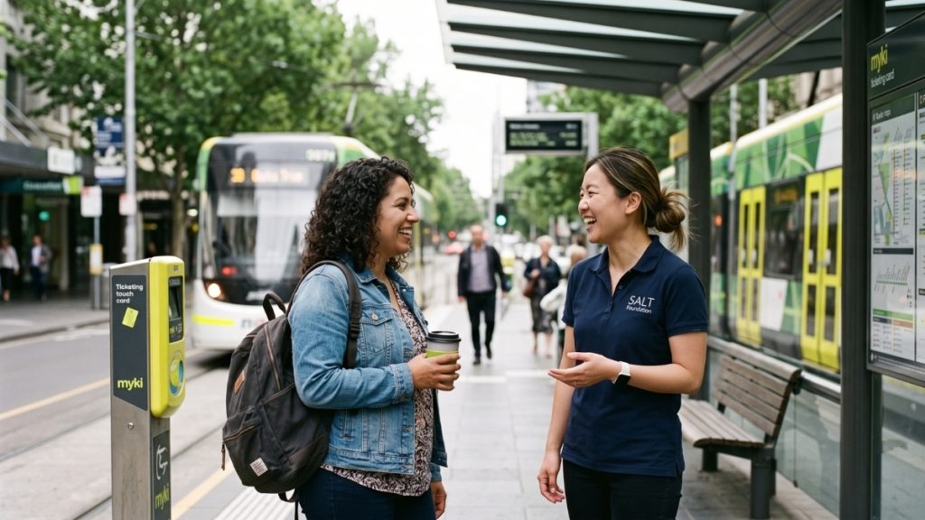 Older woman living with a mental health condition catching public transport with her NDIS support worker.