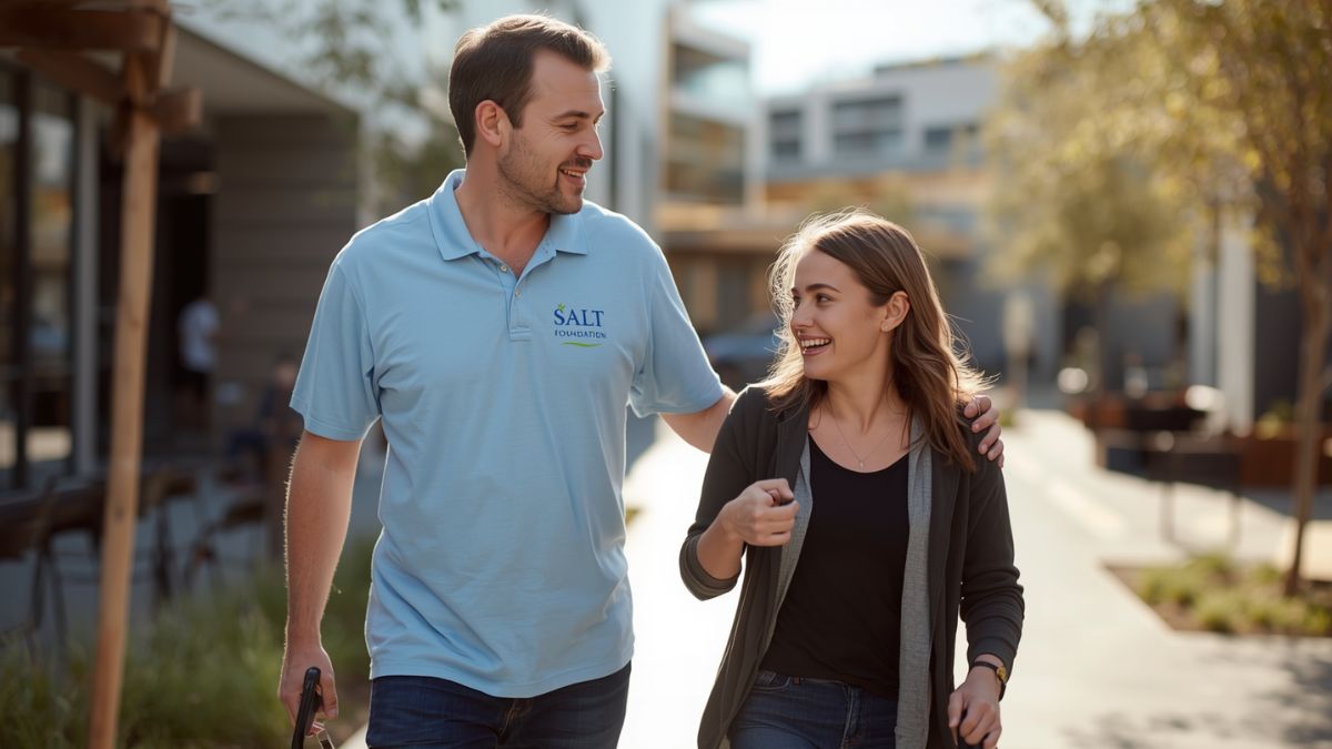 Support worker walking alongside an NDIS participant in a Melbourne community setting.