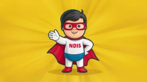 A friendly superhero character wearing an "NDIS" cape, offering a helping hand to people with PTSD