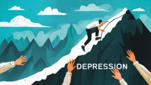 A person climbing a steep mountain labeled "Depression", with helping hands reaching out along the path
