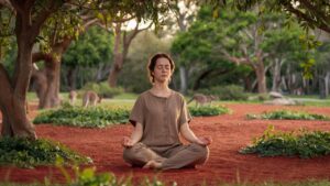 A woman meditating in a peaceful Australian park setting, representing a way to lower anxiety rates in australia