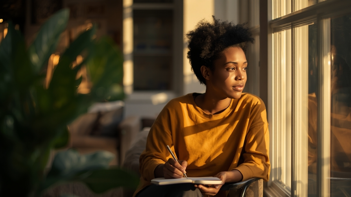 Young woman NDIS participant of African heritage sitting by a sunlit window holding a notebook journal to document functional impact and recovery progress.