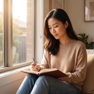 Young adult NDIS participant keeping a daily routine diary to document functional impact and personal progress for PTSD eligibility