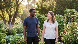 Young adult African-Australian NDIS participant walking with a support worker through a community garden, demonstrating NDIS community participation for PTSD