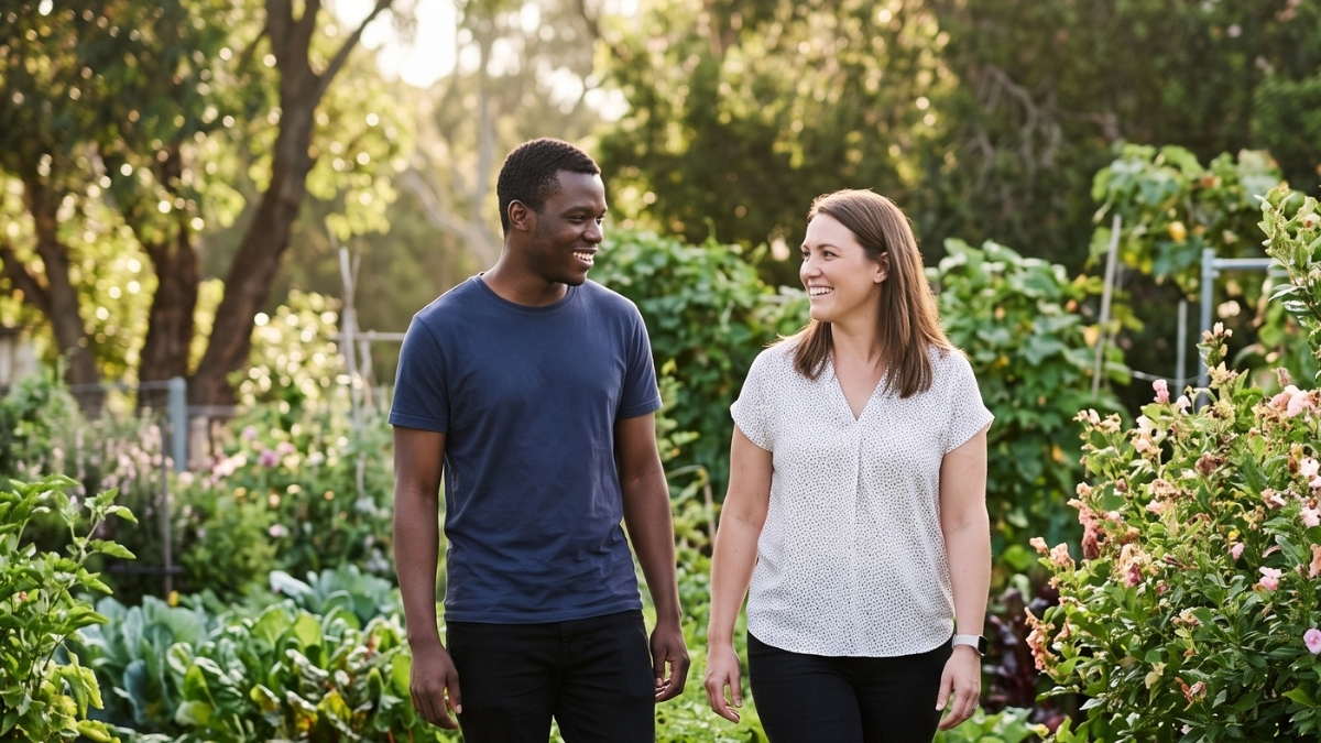 Young adult African-Australian NDIS participant walking with a support worker through a community garden, demonstrating NDIS community participation for PTSD