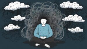 A person sitting calmly, surrounded by swirling anxiety symbols like storm clouds or tangled threads