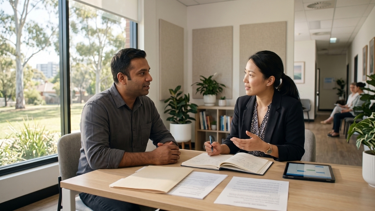 South Asian participant in his late 30s reviewing diagnostic assessment paperwork with the psychologist in a health clinic.