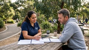 A First Nations female SALT Psychosocial Recovery Coach in her early 30s sitting at an outdoor wooden table in a leafy Melbourne park with a white Australian male NDIS participant in his early 40s, collaboratively reviewing a goal-setting notebook during a planning session in soft morning sunlight.