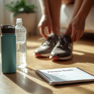 Close-up of a teal reusable water bottle and a clear plastic bottle on a wooden floor, with an open notebook titled "Fitness Goals" in the foreground and a person putting on running shoes out of focus in the background.