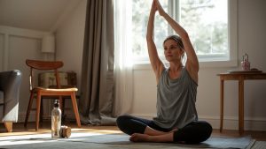 A woman in a grey tank top and black leggings sitting cross-legged on a yoga mat at home, stretching her arms straight overhead in a bright, sunlit living room.