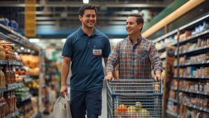 SALT Foundation support worker assisting a young adult NDIS participant with grocery shopping at a Melbourne supermarket to build independence and everyday living skills.