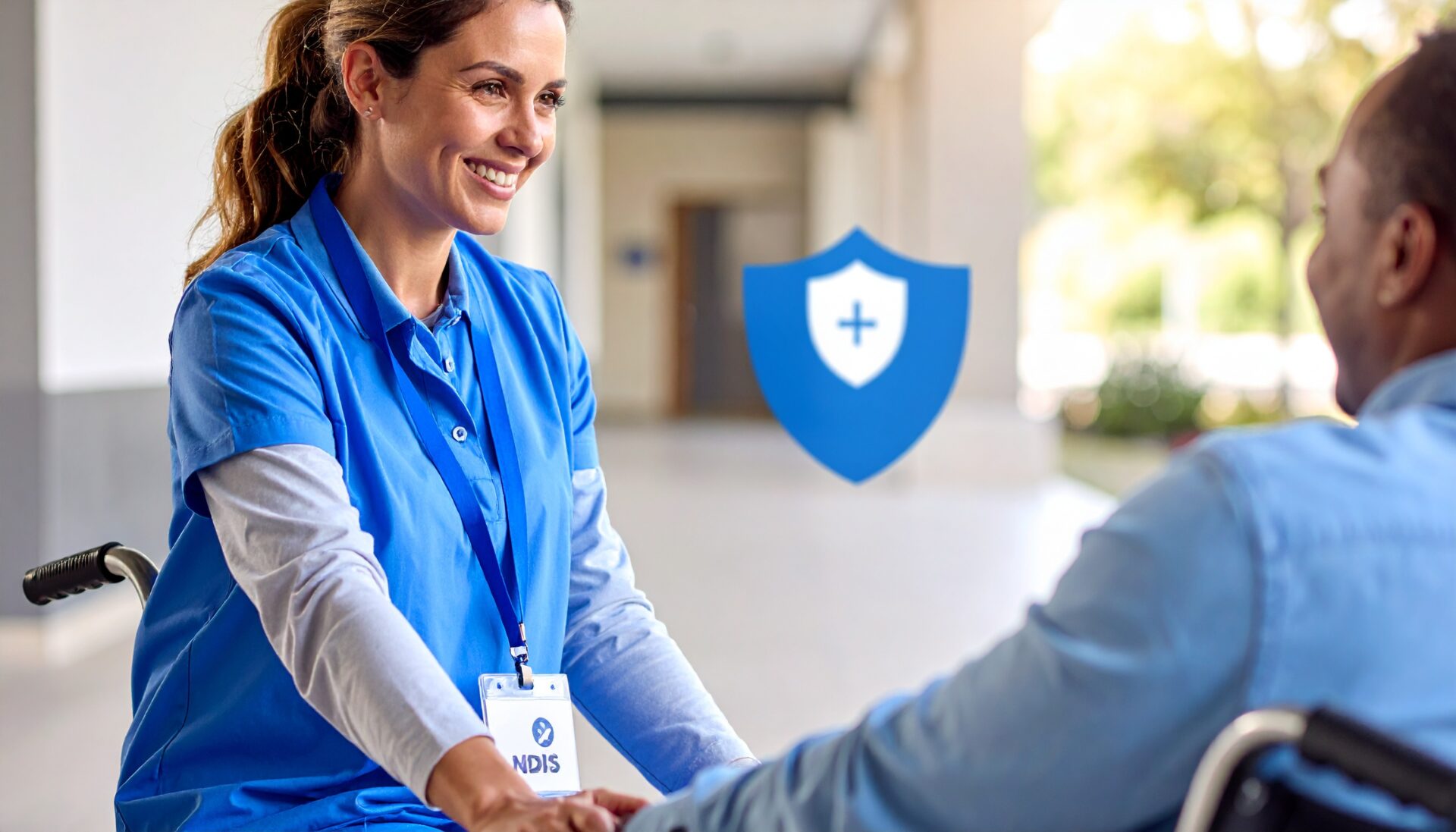 a support worker smiling while wearing an ID badgelanyard, with an NDIS logo visible, helping a person in a wheelchair
