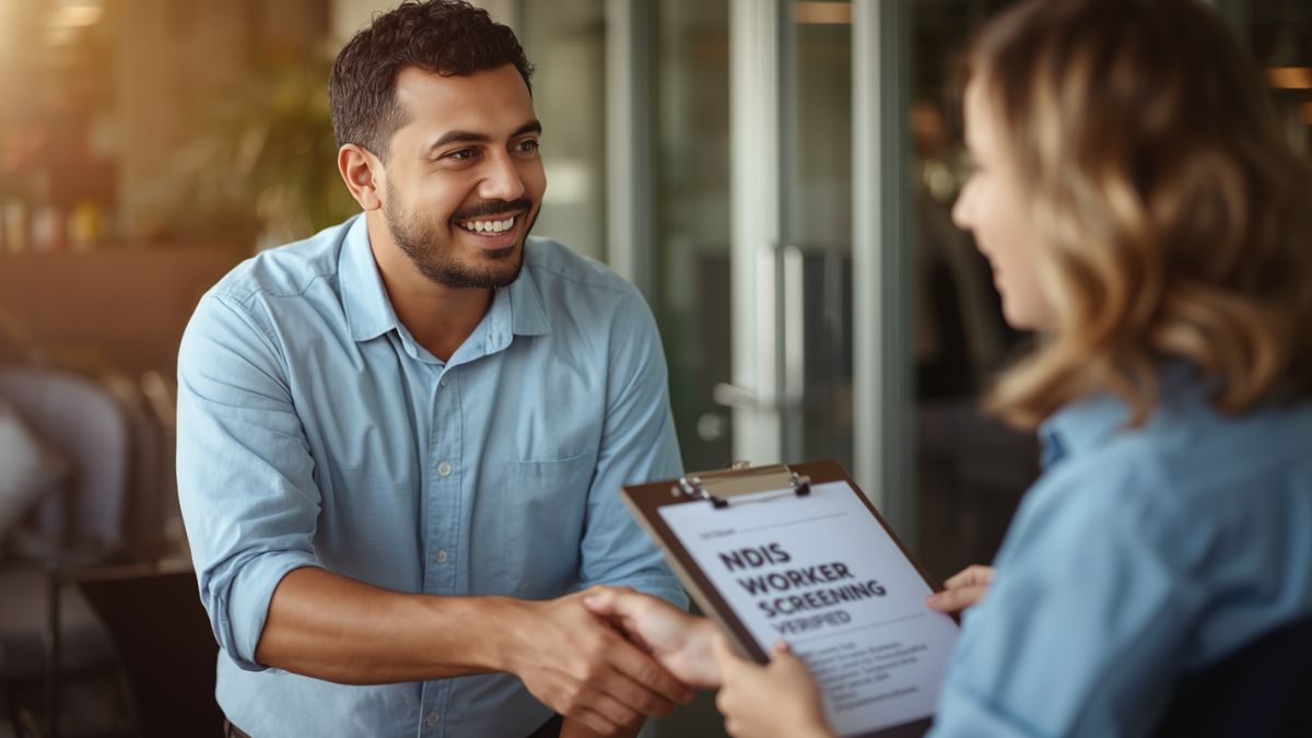 A smiling male professional in a light blue shirt shaking hands with a female colleague who is holding a clipboard with an NDIS Worker Screening Verified form.