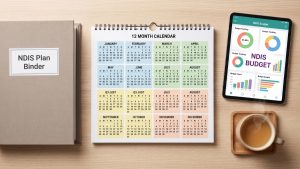 Flat-lay image on a wooden desk featuring an NDIS plan binder, quarterly calendar schedule, digital tablet with budget tracking apps, and a cup of tea.