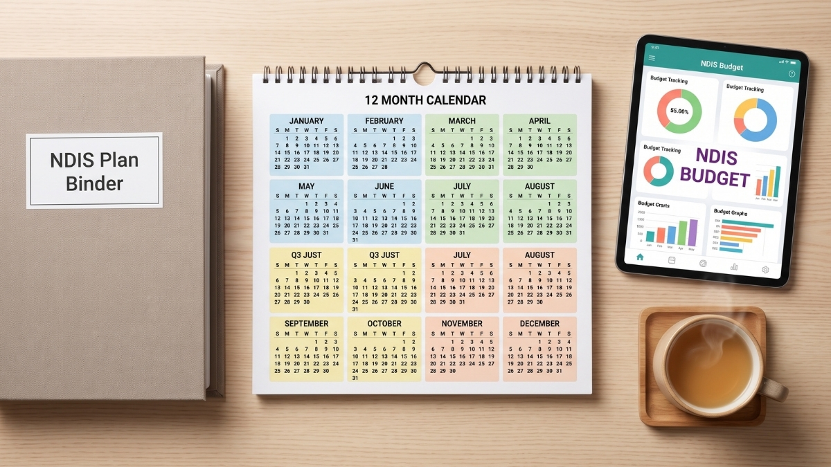 Flat-lay image on a wooden desk featuring an NDIS plan binder, quarterly calendar schedule, digital tablet with budget tracking apps, and a cup of tea.