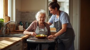 Older NDIS participant preparing a salad in the kitchen with support from a disability support worker.