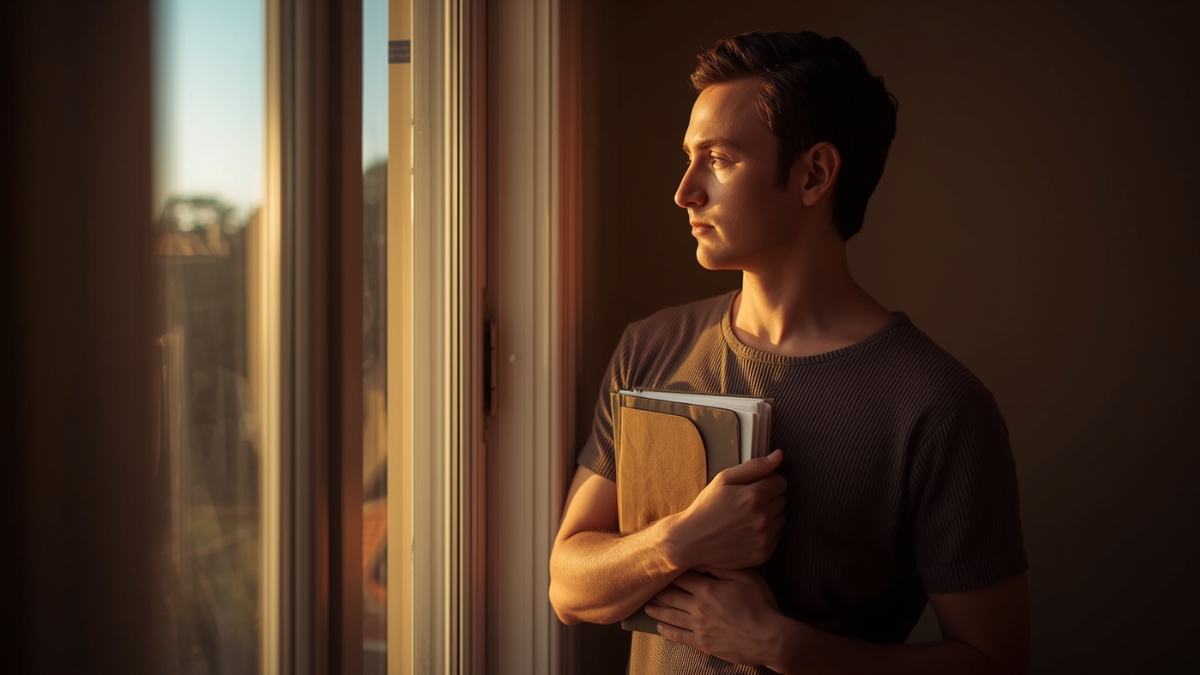 Young man holding a journal while looking out over the city, reflecting on future goals.