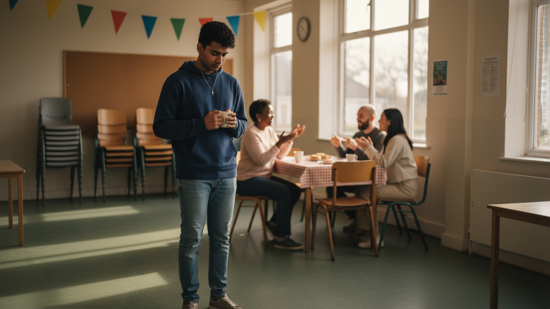 examples of psychosocial disability include feeling isolated in a crowd, such as the young man standing alone in a classroom