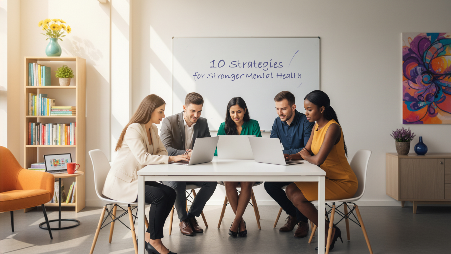 a group of people at a desk plan high-impact wellbeing strategies