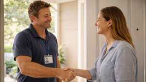 how to work for ndis shows a participant shaking hands with a support worker