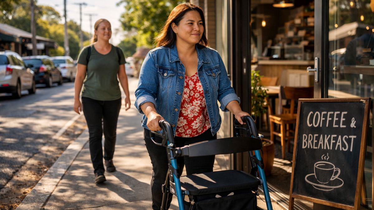 independent living support can look like a woman with a walker going to a cafe