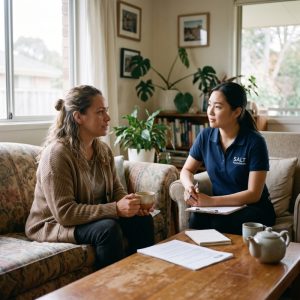 First Nations Australian participant sharing a supportive moment and cup of tea with a support worker in a living room.